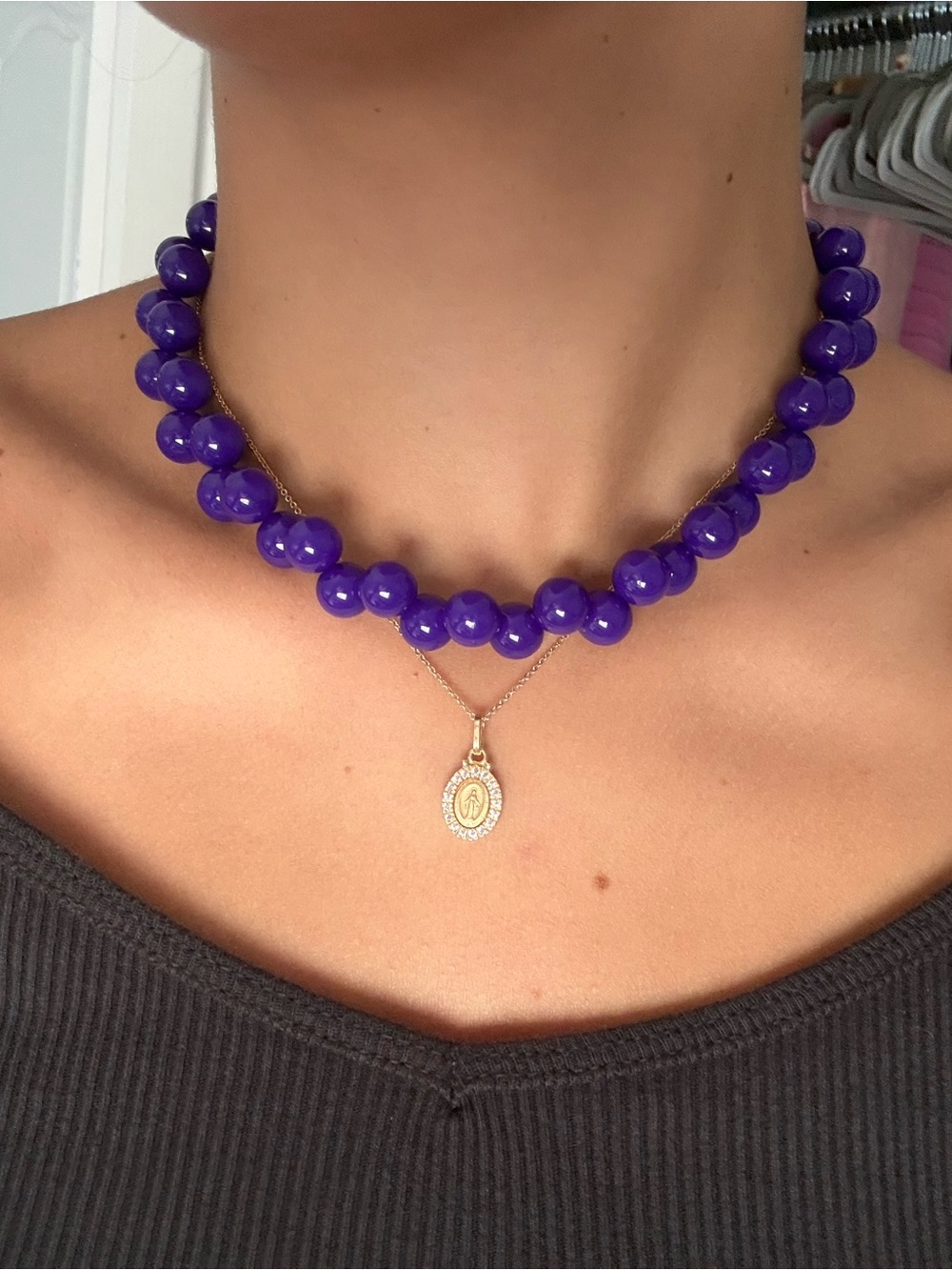 J. Crew Purple Beaded Necklace with Gold Pendant